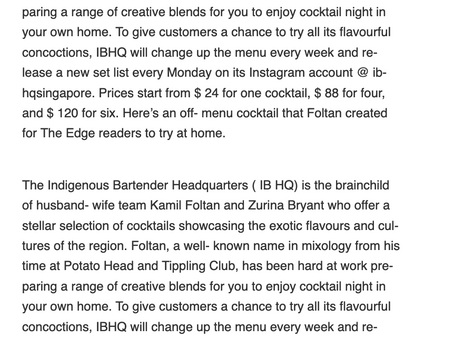 In The Media: Tipple time: Recreate mouth-watering cocktails at home - The Edge Singapore