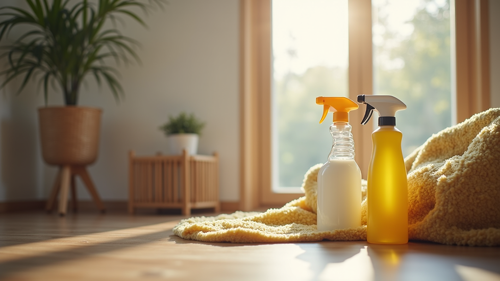 Eye-level view of a cozy home environment with cleaning supplies