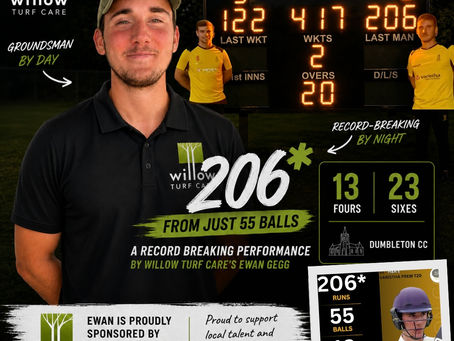 Willow Turf Care groundsman Ewan Gegg celebrates scoring 206 not out for Dumbleton Cricket Club in record-breaking T20 innings.