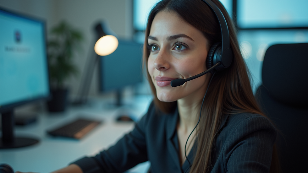 High angle view of a customer support agent with headset in a call center