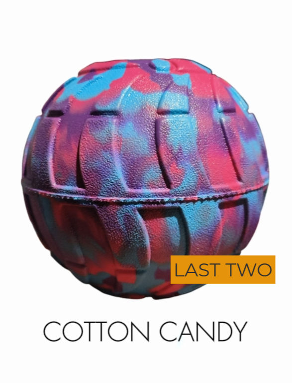 Thumbnail: Pink, blue, purple marbled spherical pet toy, 'LAST TWO', 'COTTON CANDY'.