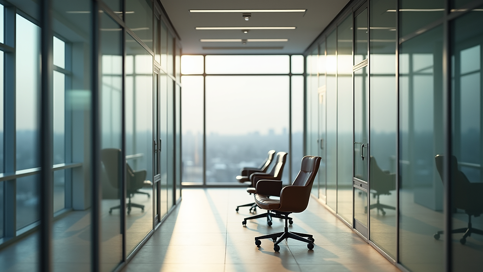 Eye-level view of a modern office with a single executive chair