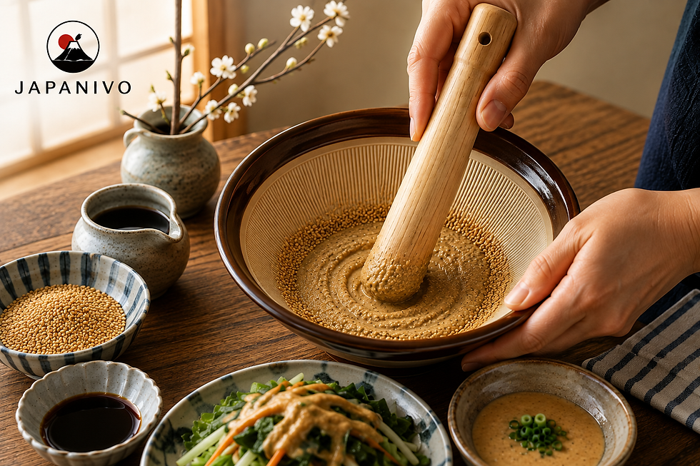 Japanese suribachi and surikogi used for grinding ingredients in a ceramic bowl