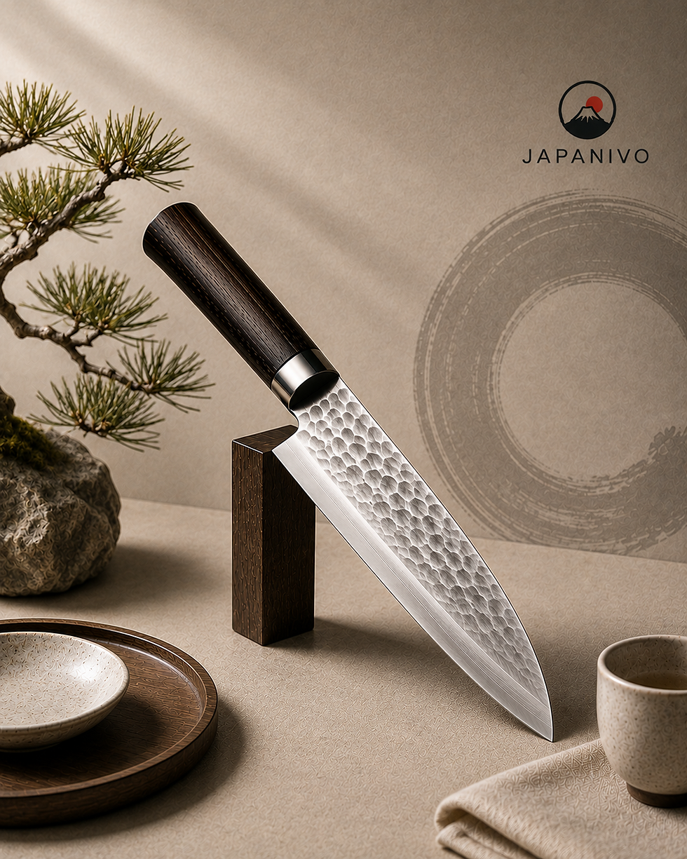 Japanese Santoku knife with a stainless steel blade on a kitchen counter