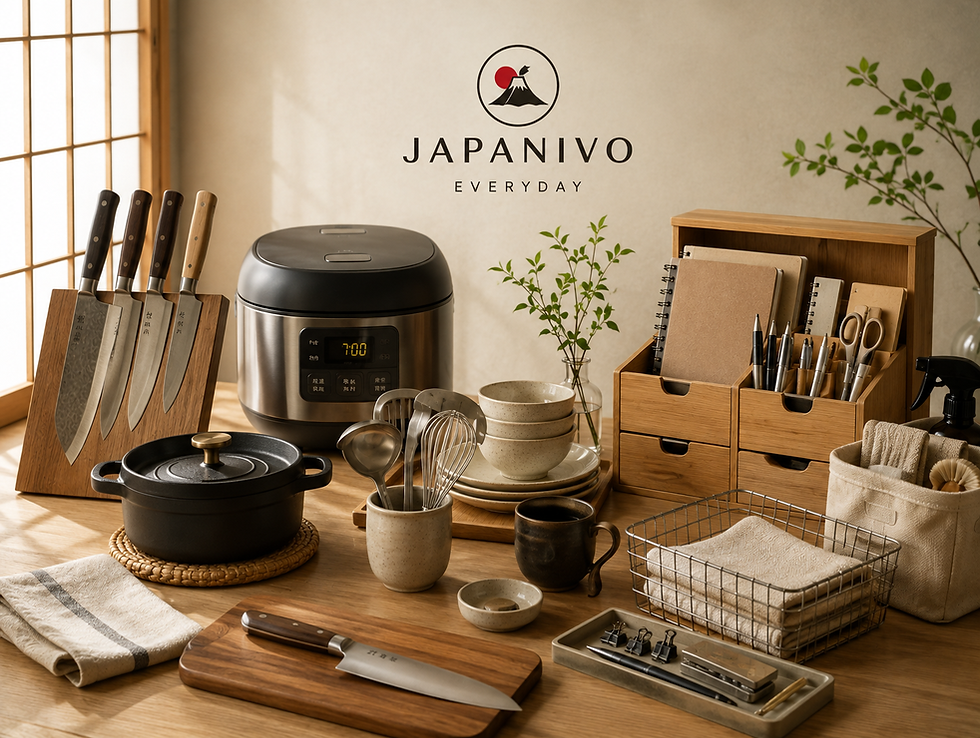 Japanese kitchen tools including Santoku knives, donabe, rice cooker, tableware, and stationery selected by JAPANIVO
