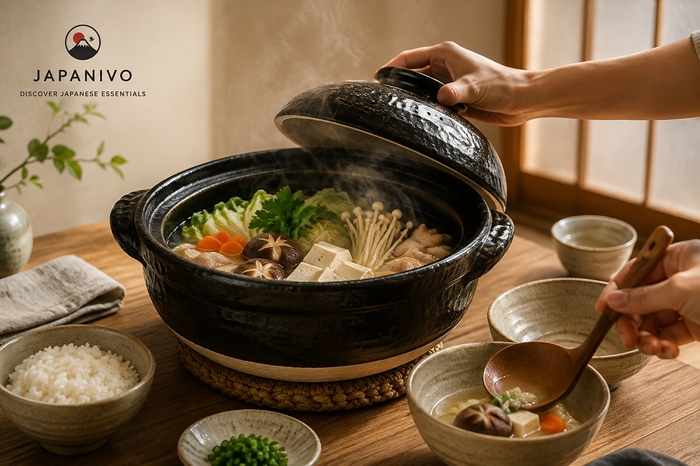 Traditional Japanese donabe clay pot filled with hot pot ingredients