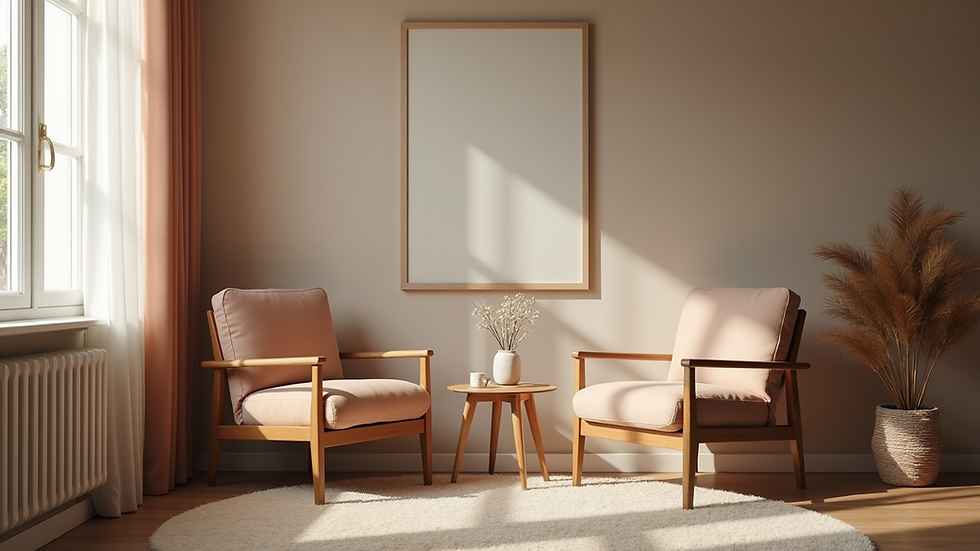 Eye-level view of a cozy therapy room with two chairs facing each other
