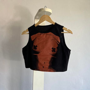 A black crewneck tank top with a red graphic of a nude feminine torso.