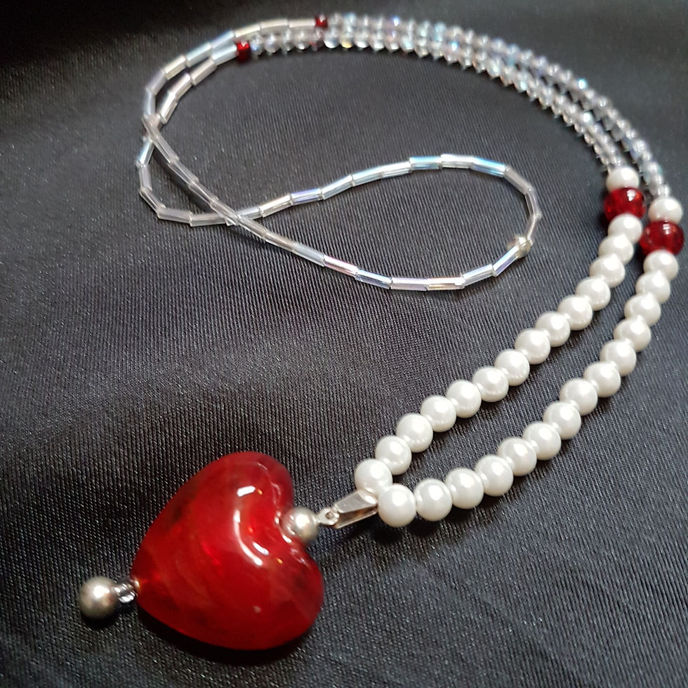 Thumbnail: Striking Handmade Red Glass Heart, White Pearls and Iridescent Glass Necklace