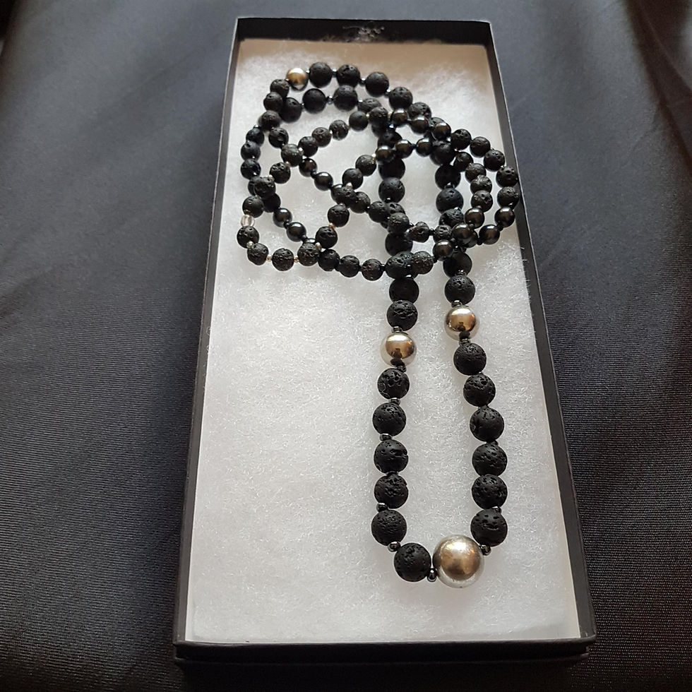 Thumbnail: Handmade, 108 Bead Affirmation Mala, Grounding, Black Lava & Silver Tone Beads.