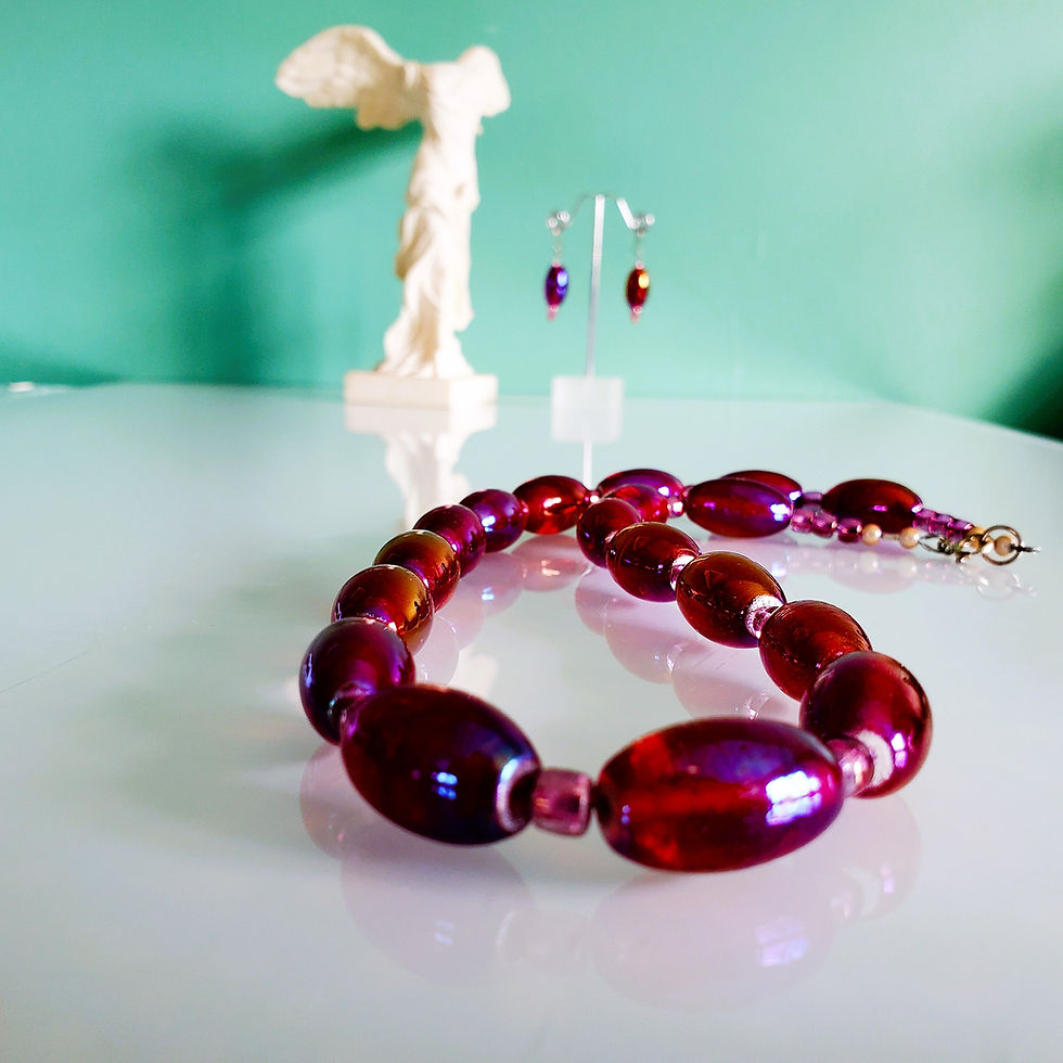 Fabulous Deep Red Iridescent Glass Long Necklace with matching earrings