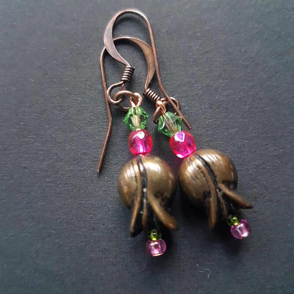 Thumbnail: Art Nouveau inspired flower drop earrings in copper, glass and Swarovski crystal