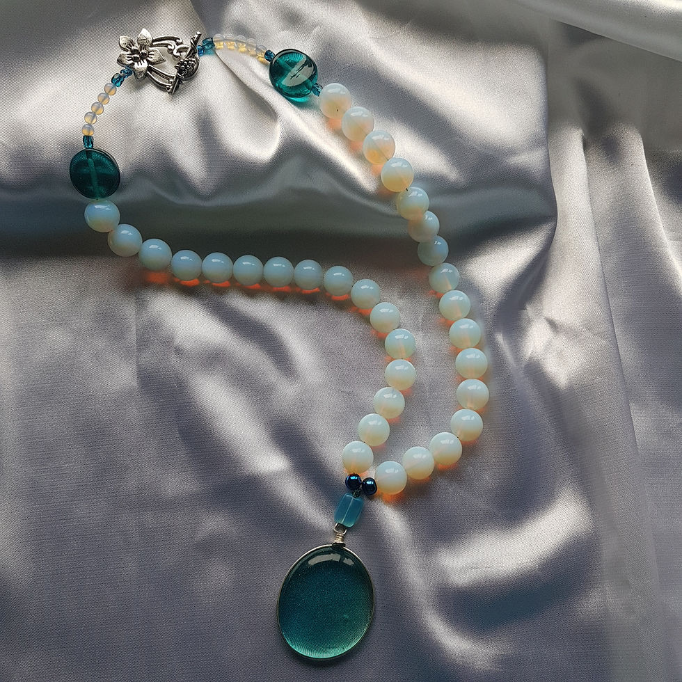 Thumbnail: Fabulous Handmade Necklace using Opalite and Deep Teal Glass.