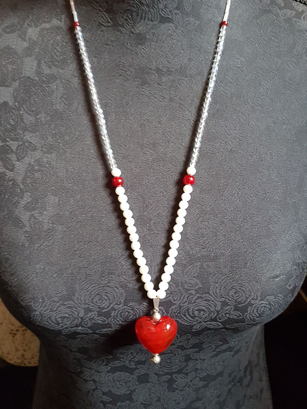 Thumbnail: Striking Handmade Red Glass Heart, White Pearls and Iridescent Glass Necklace