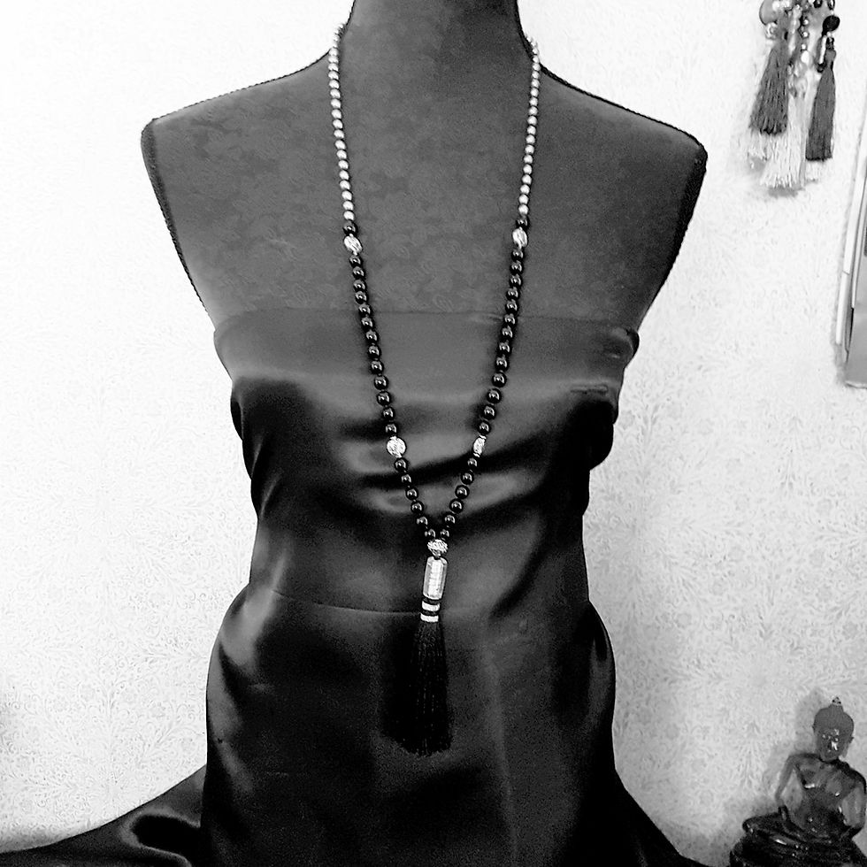 Thumbnail: Black and Silver Sophisticated 108 Bead Handmade  Affirmation Mala