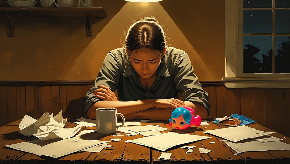 A parent sitting alone at the kitchen table at night, surrounded by paperwork and toys, reflecting emotional exhaustion and the unseen weight of family caregiving.