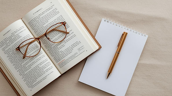 Flat-lay of open book, eyeglasses, gold pen, and notepad on neutral surface — symbol of in