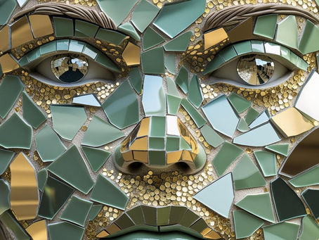 A close-up of a mosaic-style portrait made of small broken tiles and mirrored fragments forming a unified face. Soft gold and sage tones reflect light. A visual metaphor for wholeness built from many parts.