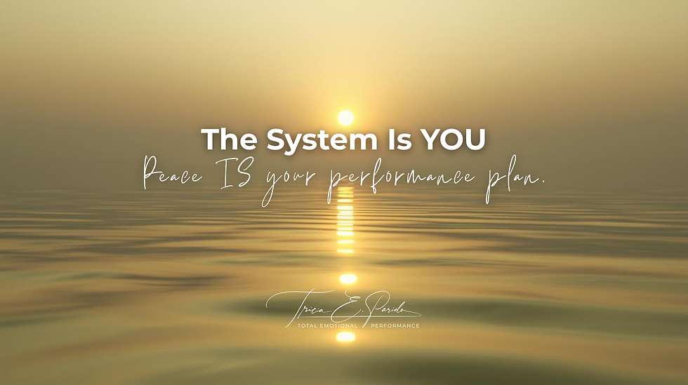 Cinematic image of a sunrise reflecting off calm water with subtle motion — symbolizing renewal through precision.  Tone: muted gold, sage, soft beige, with fine light streaks.  Mood: peace meets power.  Overlay Text: The System Is You  “Peace is your performance plan.”