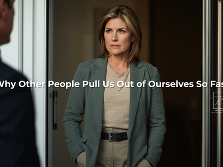 image of a woman in midlife in a calm but serious moment after a conversation, standing alone outside or near a doorway, composed but thoughtful, natural light, strong posture, emotional depth without dramatics, neutral clothing, muted sage, beige, soft gold and gray palette, modern and grounded. Text overlay = why other people pull us out of ourselves so fast.