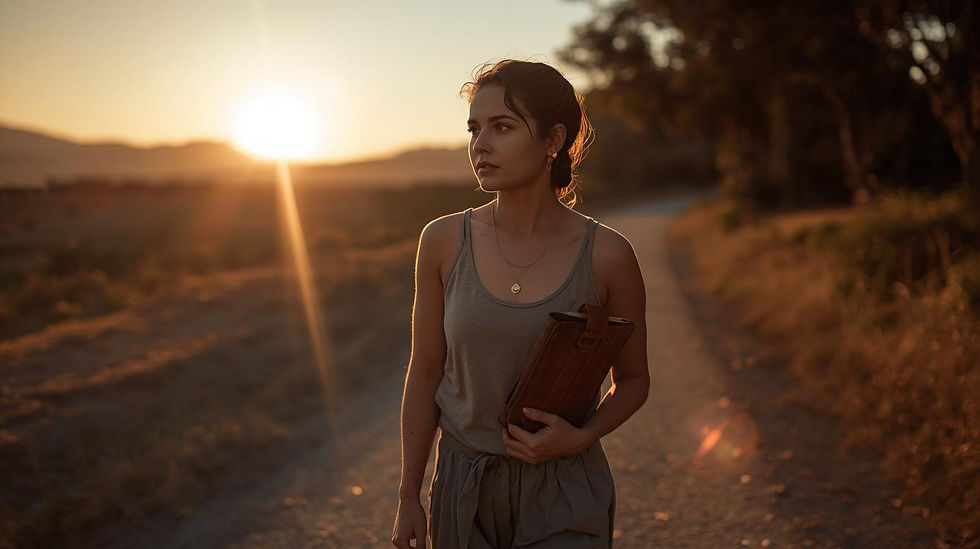 A strong, reflective woman walking with purpose on a quiet path at sunrise. Subtle lens flare. She's holding a journal, wearing neutral tones. The background shows nature—trees or mountain silhouettes—to reflect solitude and alignment. Emotion: confidence, intention, integrity.