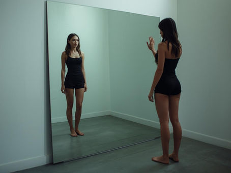 A woman facing a mirror in a softly lit, minimalist room. She’s barefoot, standing in reflection, with one hand resting gently on the mirror. Her expression is contemplative but grounded. The mood is raw, calm, and powerful.