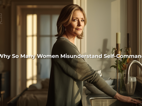 image of a woman in her 40s or 50s standing at a kitchen counter or near a window, reflective and emotionally grounded, not smiling for the camera, subtle strength in posture, soft warm natural lighting, elegant neutral home environment, beige, sage, soft taupe, muted gold tones, intelligent and human feeling. Text overlay: Why so many women misunderstand self-command