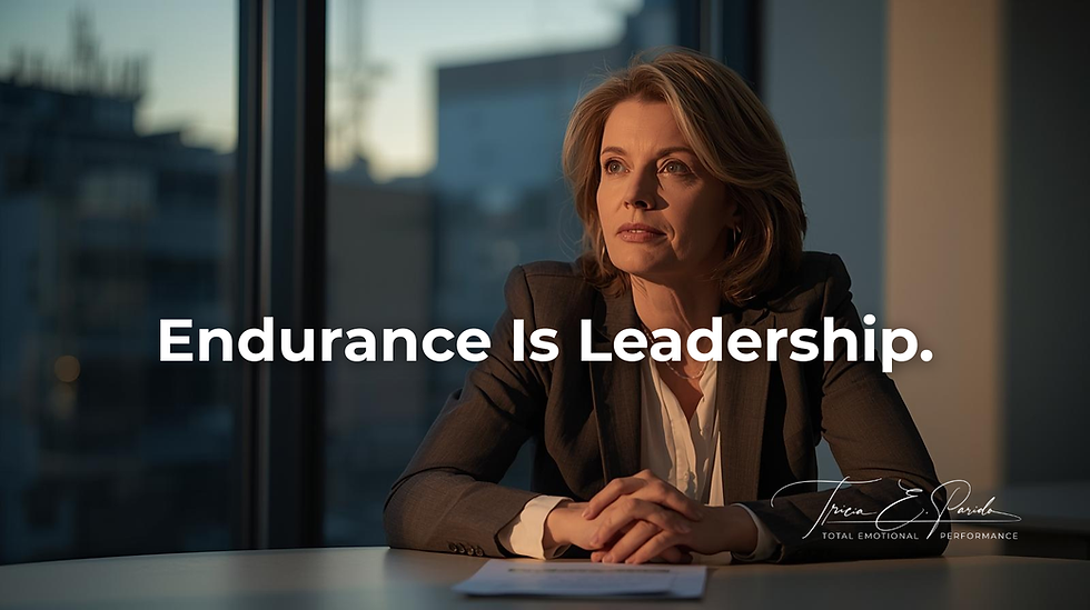 A woman in her late 40s or early 50s seated at a table at the end of the day, professional yet relaxed posture, soft evening light. Expression thoughtful but steady — not overwhelmed, not exhausted. Mood conveys strength under load. Muted modern tones. Overlay Text: “Endurance Is Leadership.”