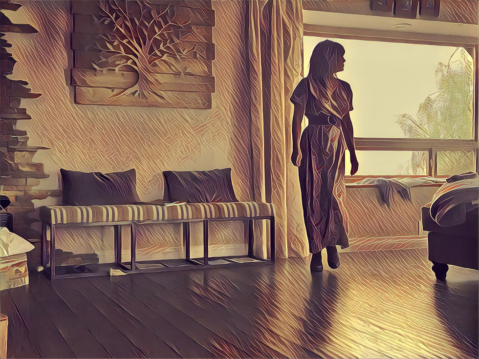 graphic art of a woman walking forward in a house but looking back over her shoulder