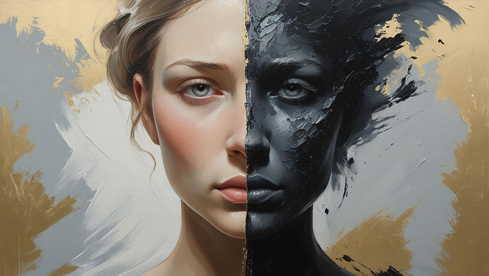 A surreal split-face portrait of a woman—half calm and centered, half shadowed and chaotic—illustrating inner conflict. Abstract brush strokes and textures in the background. Soft gold and gray tones.