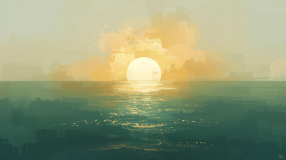 Abstract sunrise over calm ocean or minimal horizon in sage-gold tones — renewal and mastery.