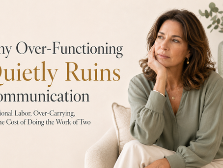 Thoughtful midlife woman reflecting on over-functioning, emotional labor, and communication fatigue Text overlay: Why over-functioning quietly ruins communication - emotional labor, over-carrying, and the cost of doing the work of two.