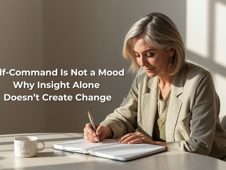 image of a woman in her 40s or 50s writing in a journal or planner at a table with morning light, calm but purposeful energy, minimal elegant setting, subtle feeling of grounded clarity and maturity. Overlay text: Self-commad is not a mood. Why insight alone doesn't create change.