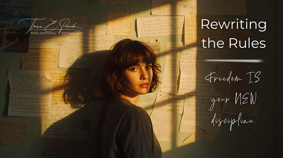 A cinematic image of a person standing in front of a wall covered in handwritten notes or torn paper, sunlight spilling in from one side — symbolizing freedom from old rules.  Color tones: sage, muted gold, soft beige, contrast shadows.  Overlay Text: Rewriting the Rules  “Freedom is your new discipline.”