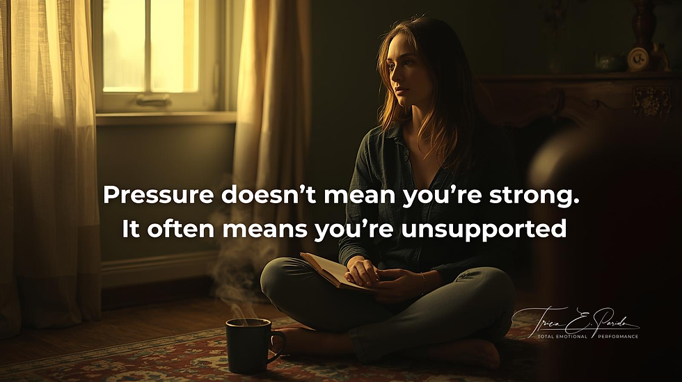 A cinematic photo of a woman sitting cross-legged near a window at golden hour, journal open, mug of coffee or tea beside her. The room glows in soft gold and sage tones, symbolizing peace returning to motion.
 Mood: grounded, calm, quietly powerful. Text: Pressure doesn’t mean you’re strong.
 It often means you’re unsupported.