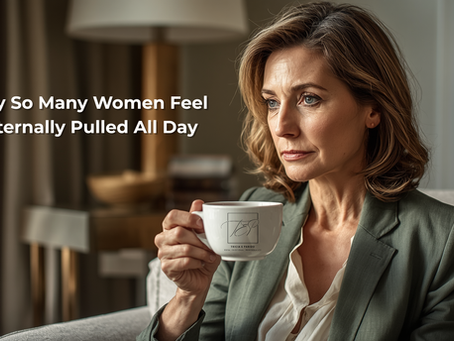 A realistic, emotionally grounded image of a woman in her 40s or 50s sitting quietly with a cup of coffee or tea, looking thoughtful but strong, with soft natural light, subtle tension in expression, neutral elegant home setting, tones of sage, beige, muted gold, and soft gray, modern feminine but not overly styled, calm and intelligent atmosphere - text - Why so many women feel internally pulled all day