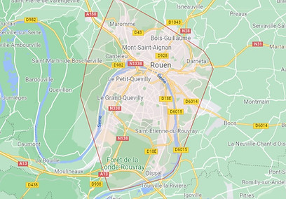 "Carte de la région de Rouen avec une zone délimitée englobant Rouen, Le Petit-Quevilly, Le Grand-Quevilly, Mont-Saint-Aignan