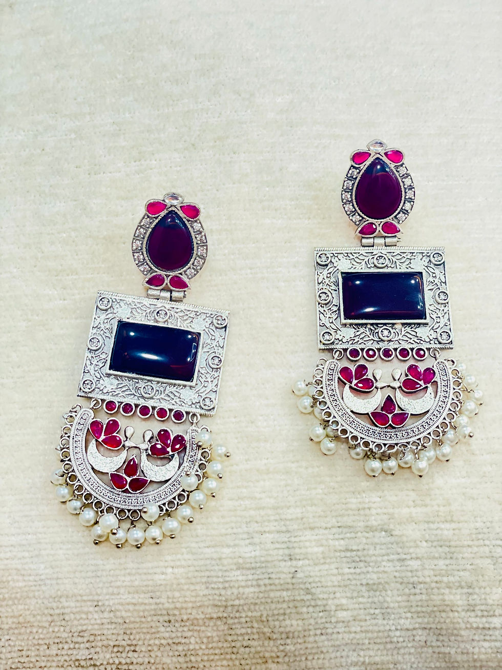 Thumbnail: Maroon Kehar Monalisa Silver Jhumka 