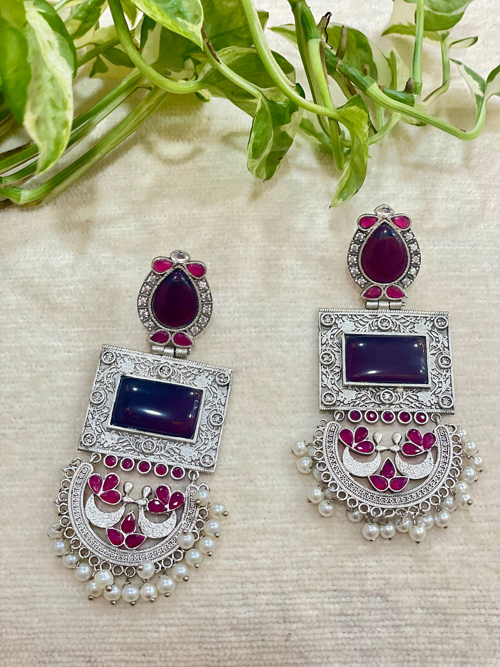 Thumbnail: Maroon Kehar Monalisa Silver Jhumka 