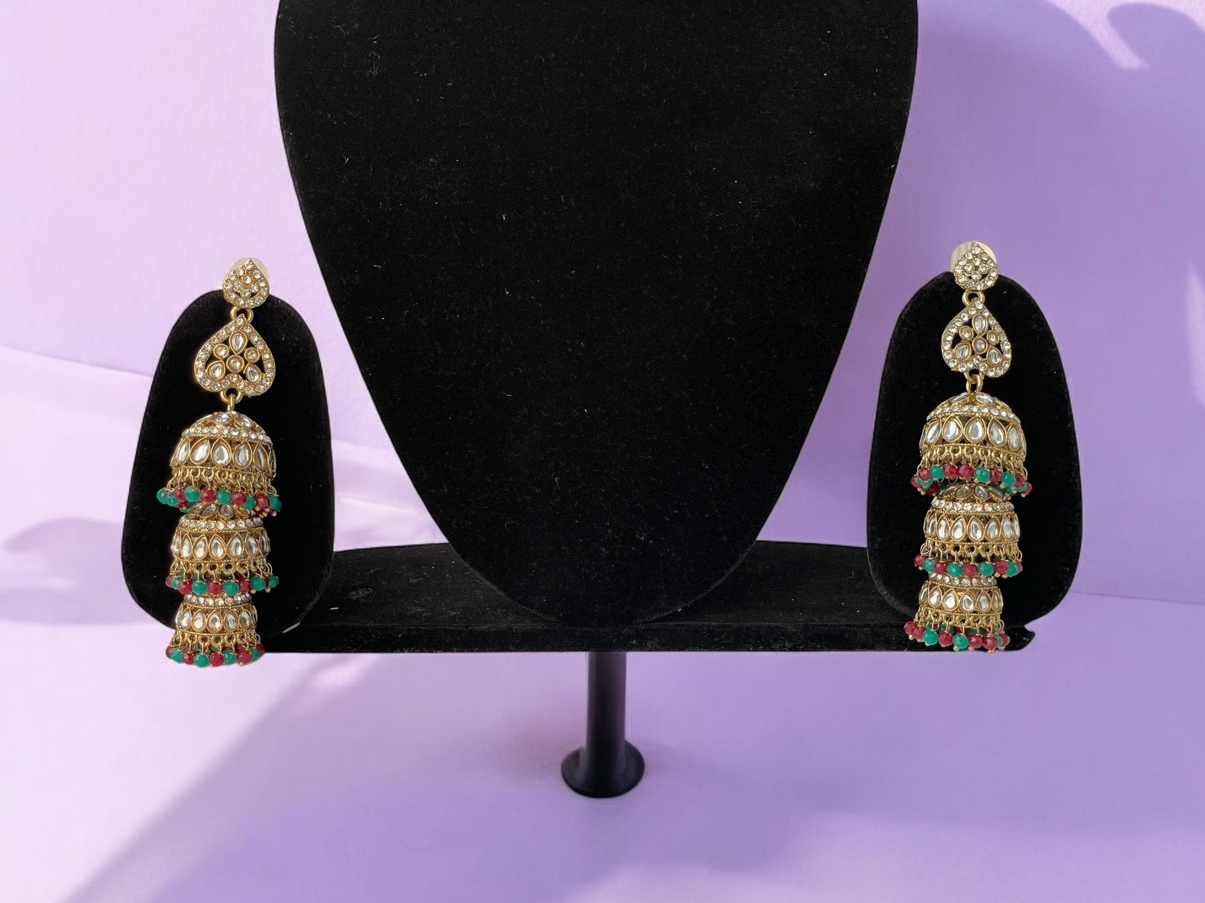 Pearly Red-Green Kundan jhumka