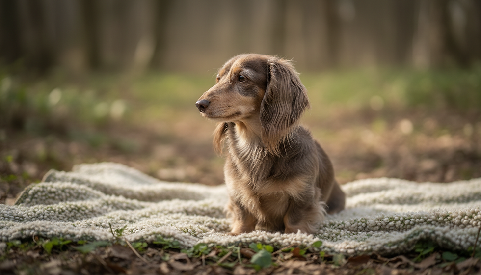 Miniature longhair dachshund resting comfortably