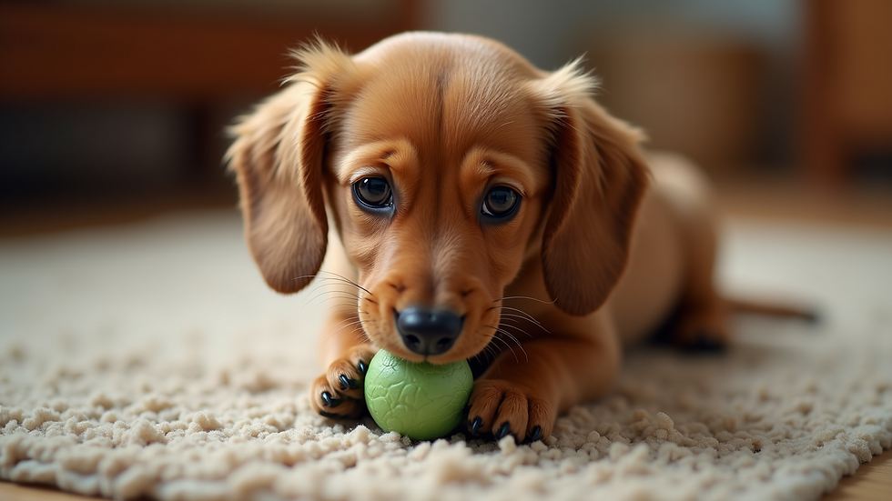 High angle view of a miniature longhair dachshund puppy playing with a chew toy