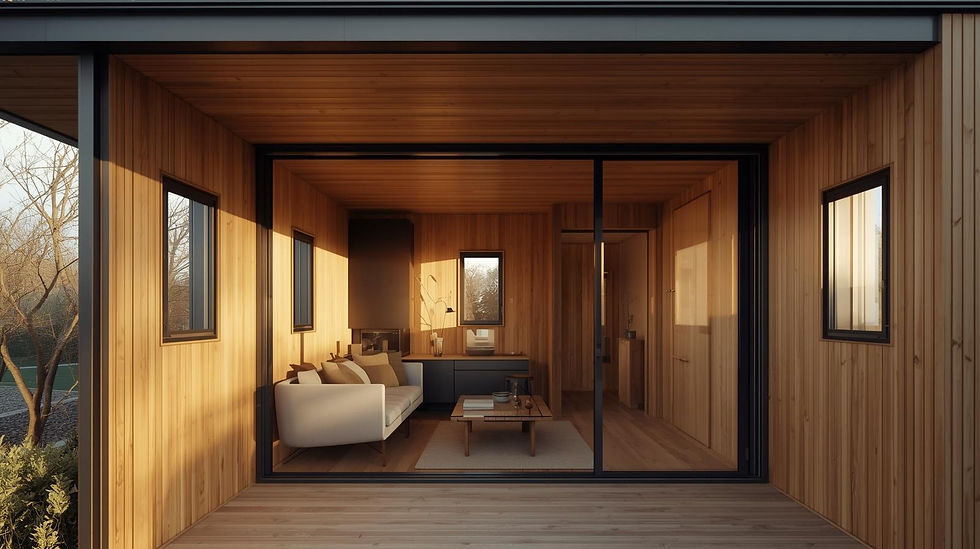 A small cozy living room in a modern modular house, warm wooden tones with dark accents. F