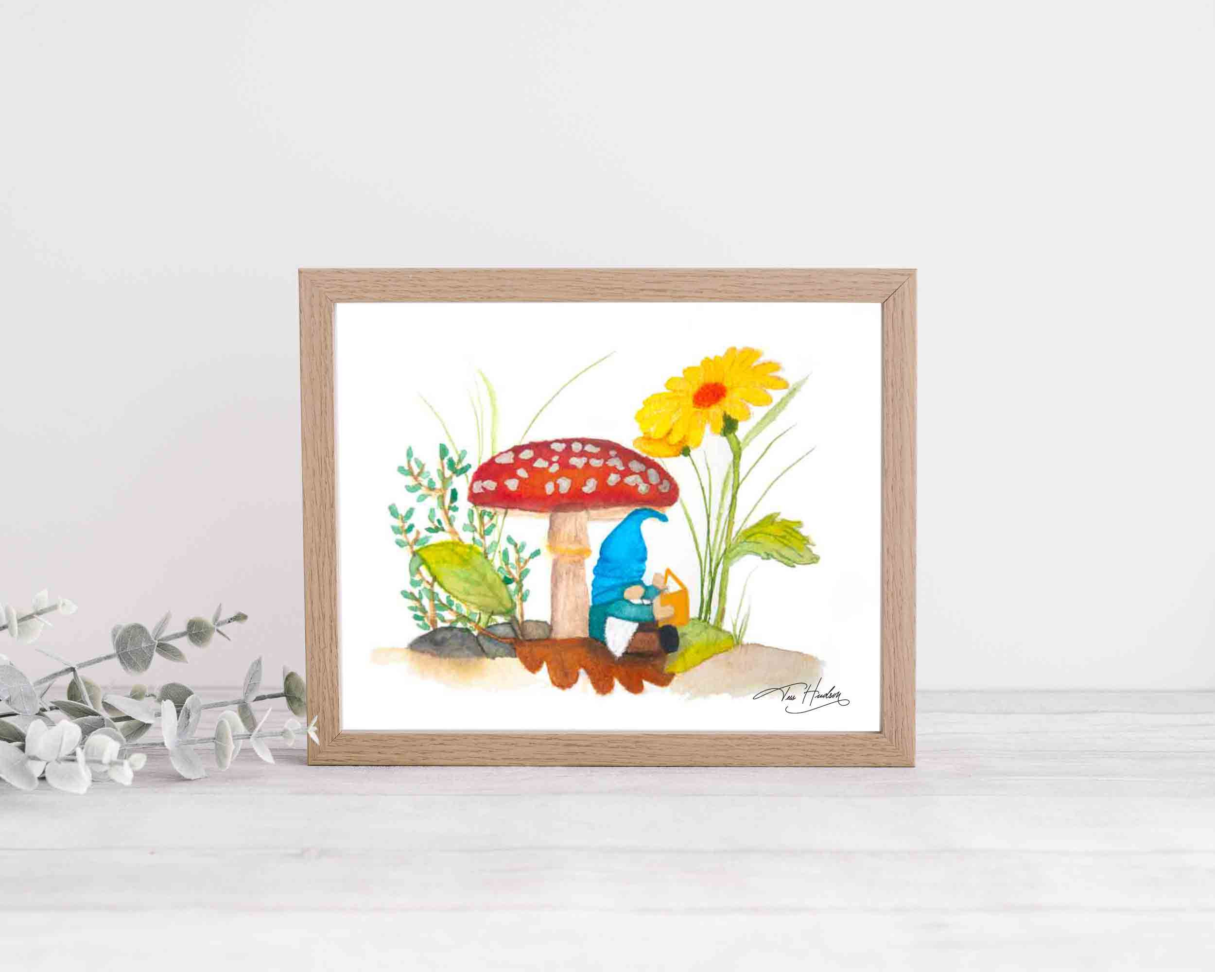 Gnome Reading Under a Mushroom