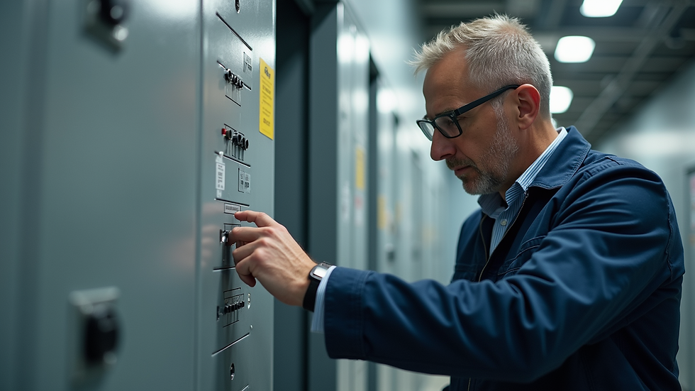 Close-up view of inspector checking electrical panel in commercial building