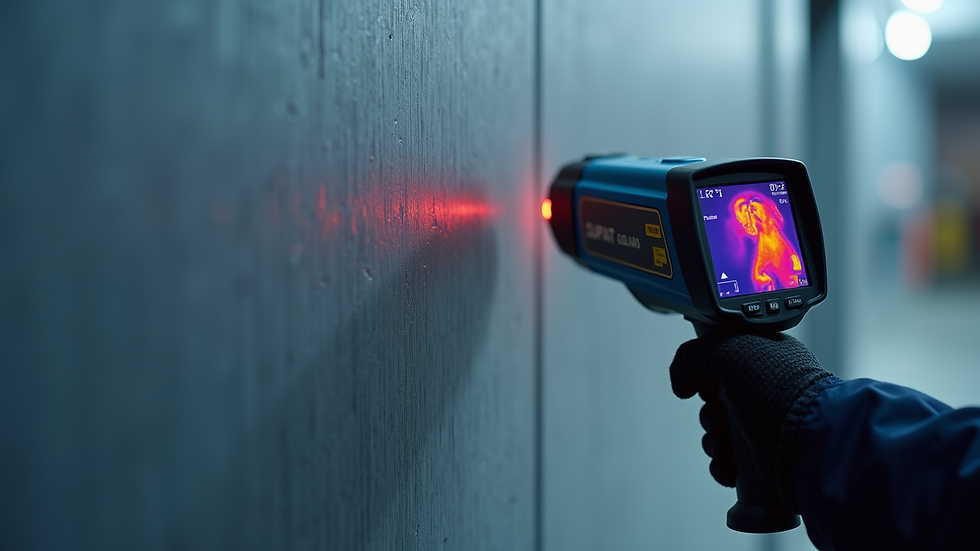 Close-up view of inspector using thermal camera on commercial building wall