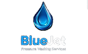 Logo of the company "BlueJet Pressure Washing Services" showing a creative drop of water and the name of the company below it