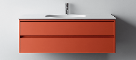 Фронтальный вид современной плавающей тумбы цвета терракот с выдвижным ящиком