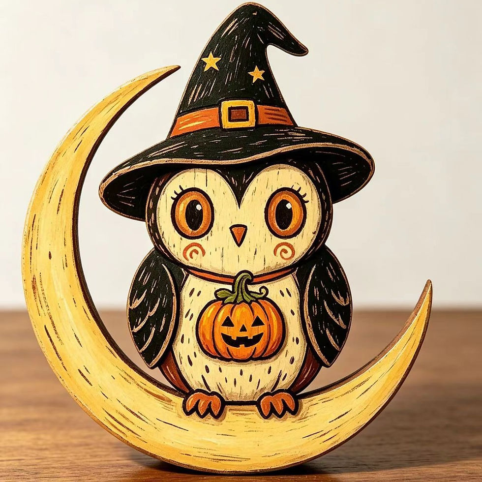 Miniatura: Halloween Wooden Tabletop Decor, Hand-Painted Owl Ghost Pumpkin & Vampire Cat Fi