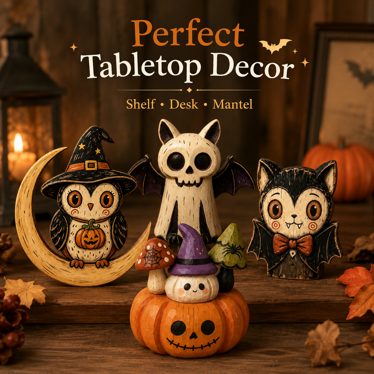 Halloween Wooden Tabletop Decor, Hand-Painted Owl Ghost Pumpkin & Vampire Cat Fi